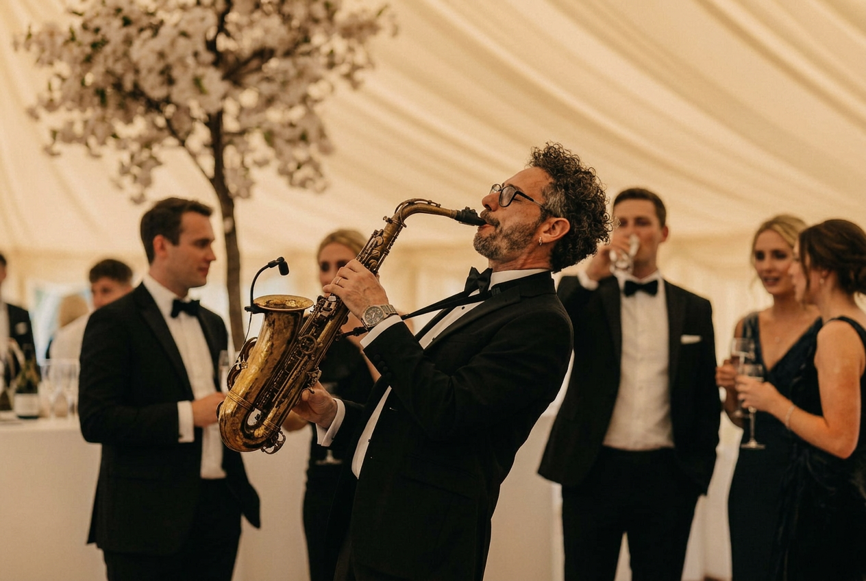 Saxophonist playing live under a wedding marquee