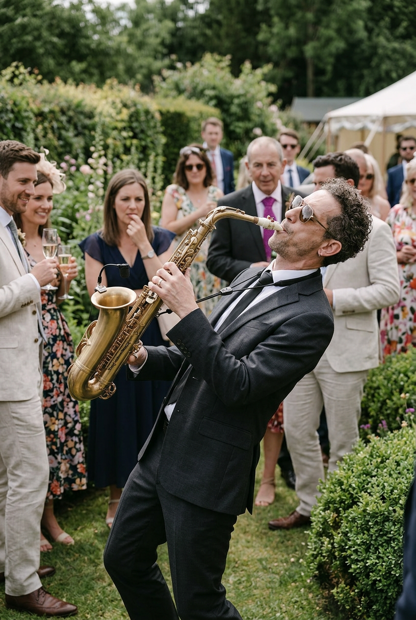 Saxophonist playing in a charcoal suit at an outdoor garden wedding while guests watch